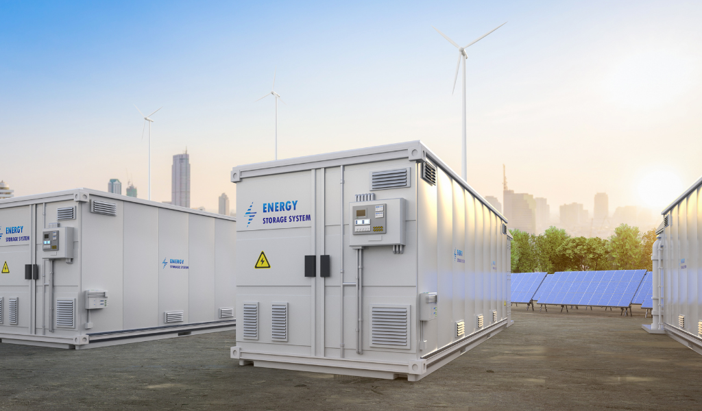SKYDD Energy Storage container at dusk