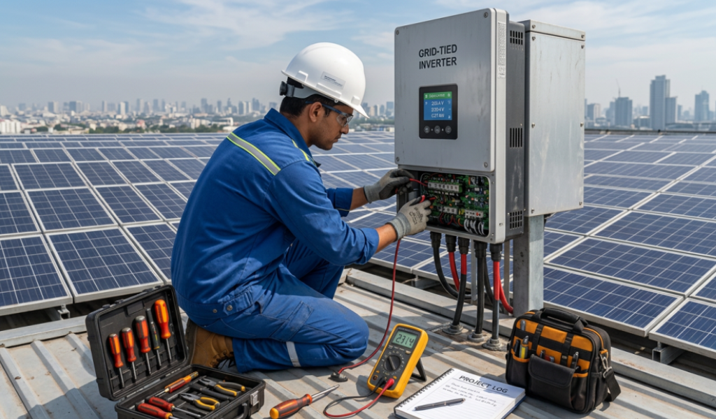 Technician testing inverter panel